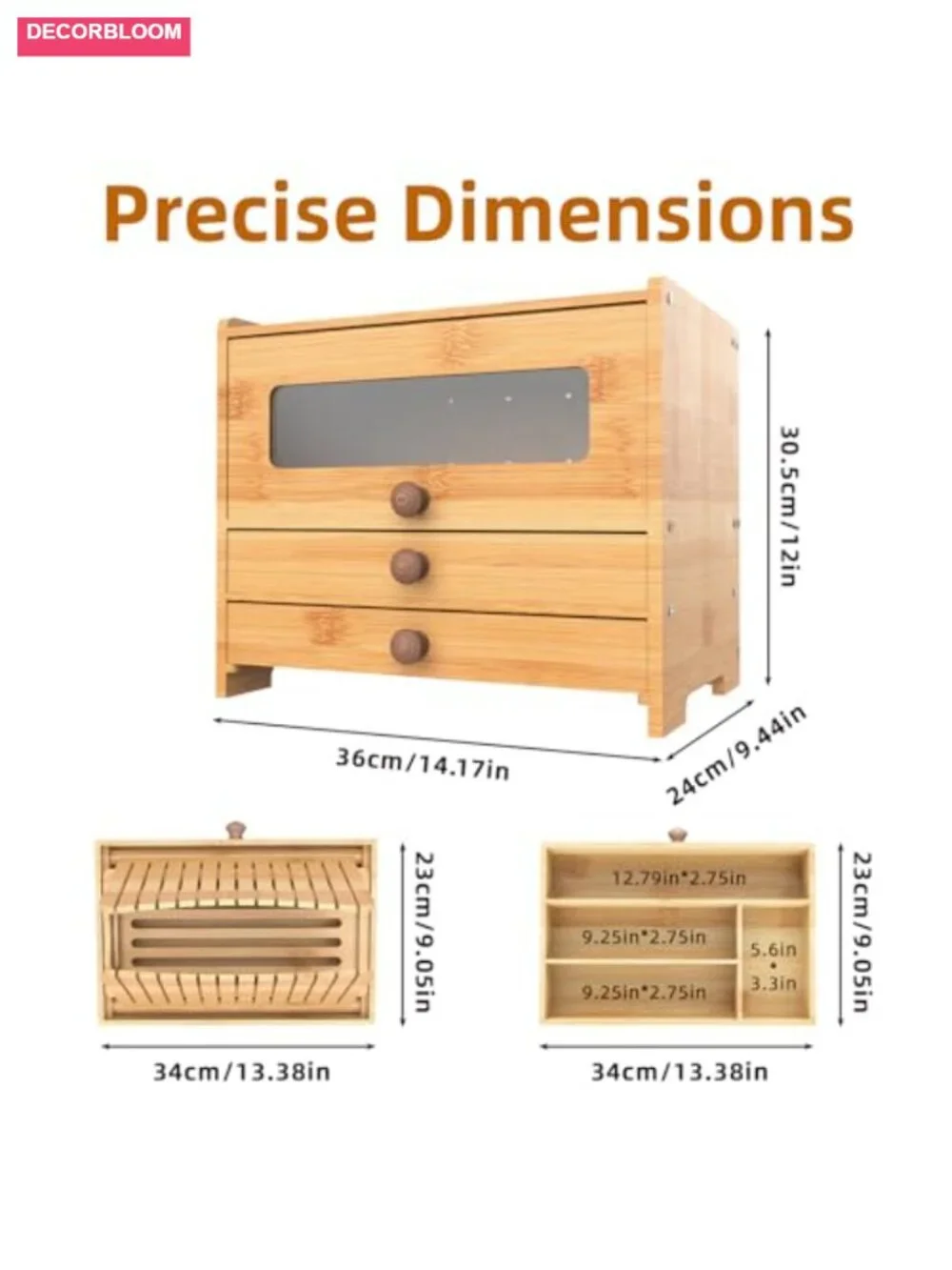 Bamboo Bread Box with Slicer and Display Window for Kitchen Countertop